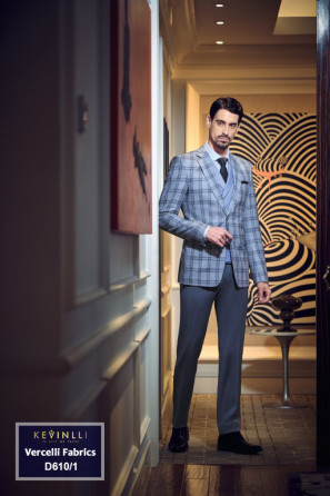 Suit Nam Đẹp Italy 95% Wool - D610/1 - Xanh Dương Caro - Cổ Ve Xuôi - 1 Nút 